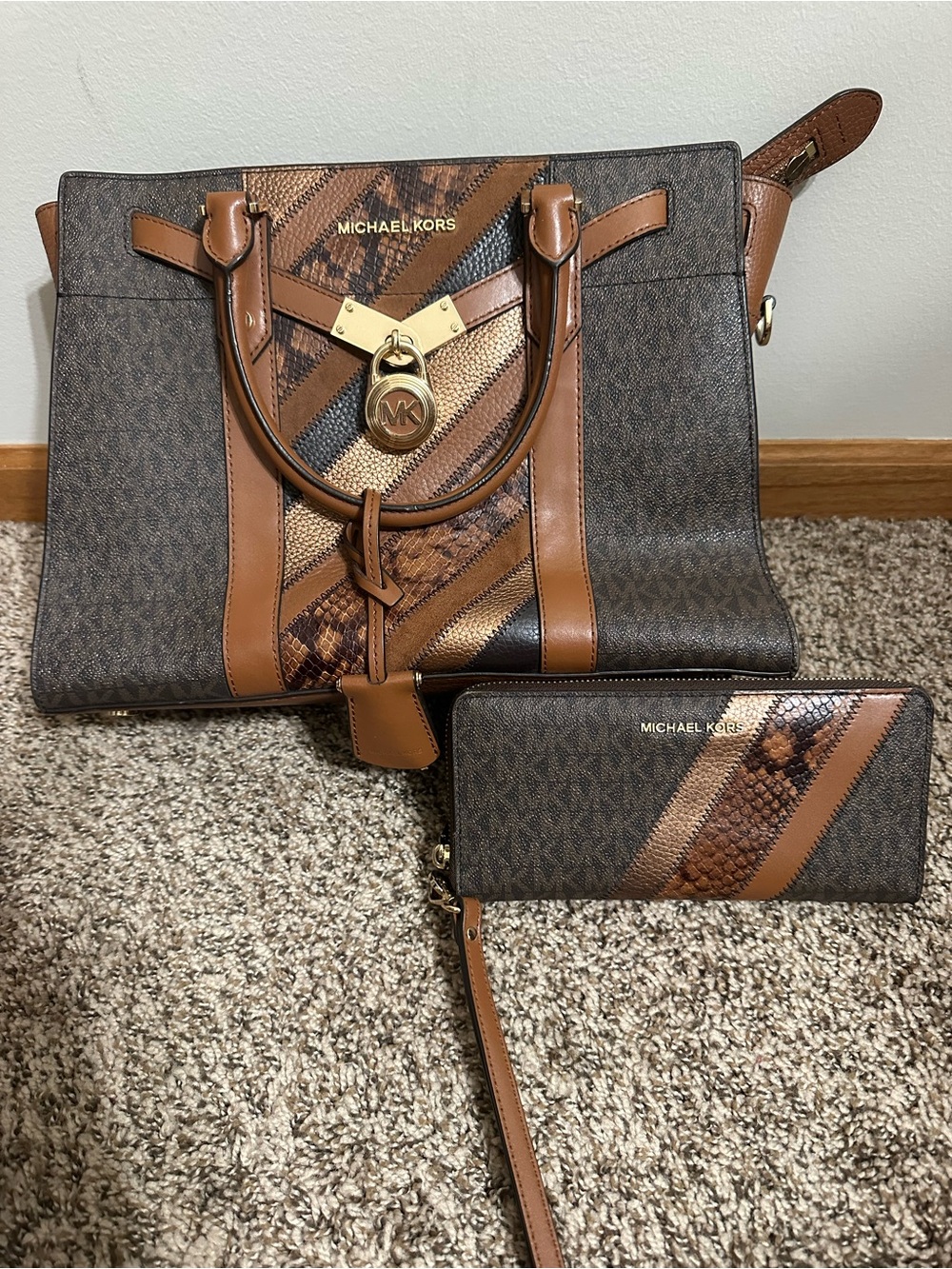 Michael Kors Brown Signature Patchwork Snake Tote + Wallet Set